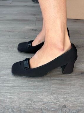 Prada Black Mid Block Heel Pumps with Bow Accent
